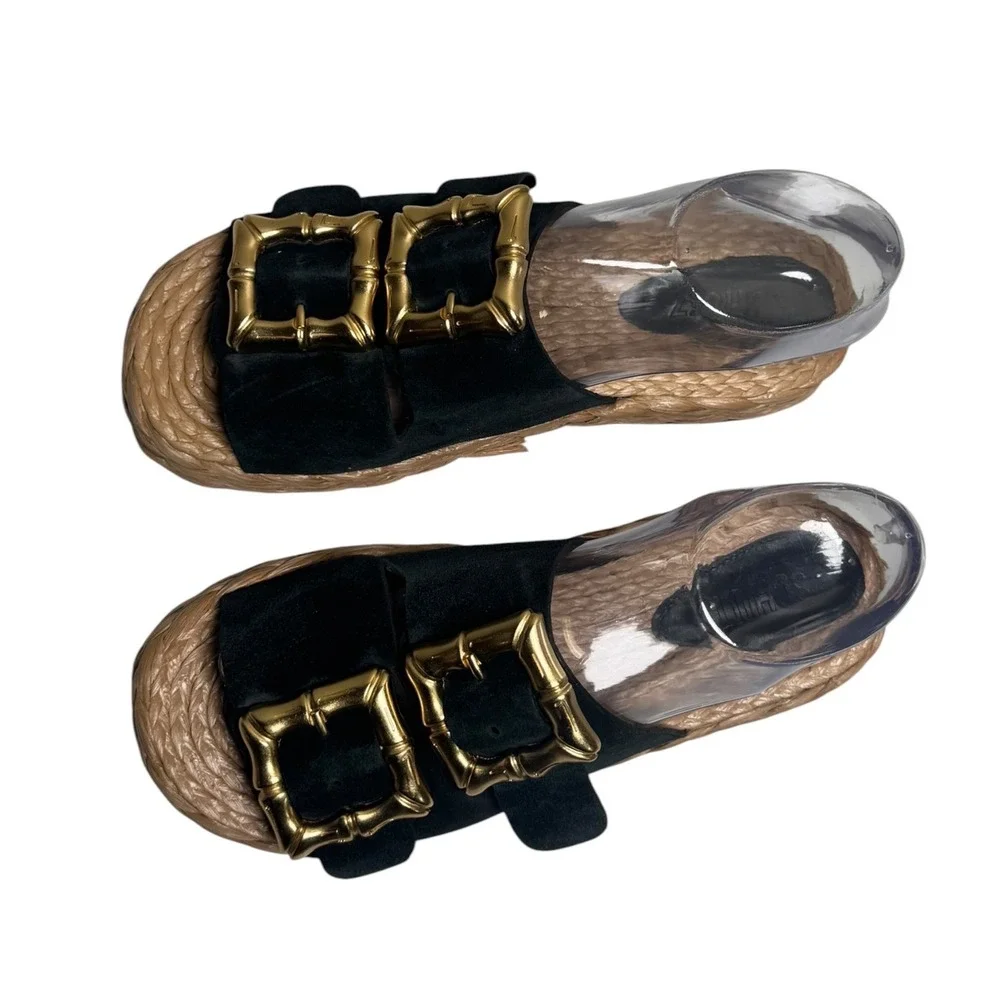 Schutz Enola Rope Platform Sandal Black Suede Gold Bamboo Buckle Womens 7.5B